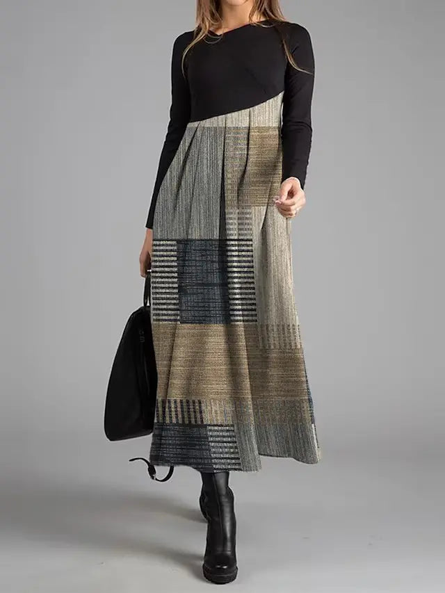 【S-2XL】2023 Nowy styl Splice Printed Round Neck Dress