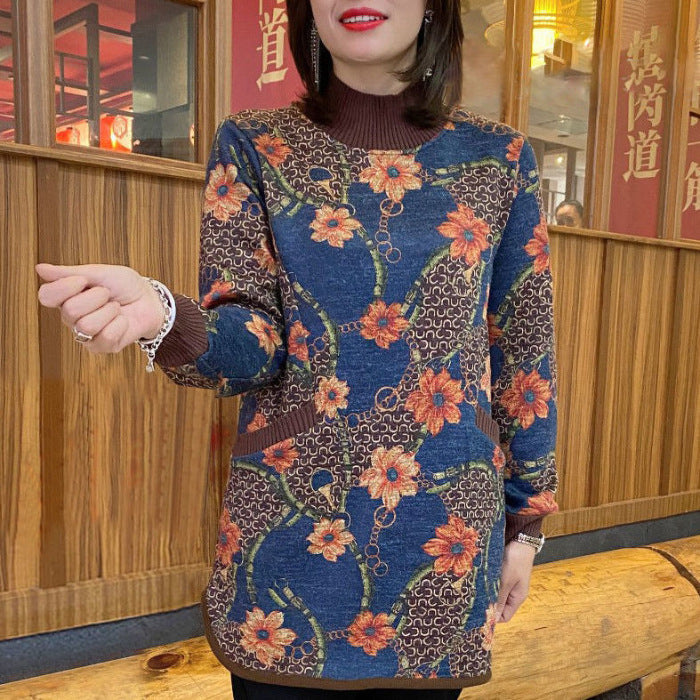 Sweter z okrągłym dekoltem dla mamy, polar retro, jesień i zima, duży rozmiar, koszula w stylu zachodnim z nadrukiem, średniej długości, ciepły