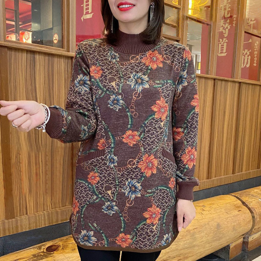 Sweter z okrągłym dekoltem dla mamy, polar retro, jesień i zima, duży rozmiar, koszula w stylu zachodnim z nadrukiem, średniej długości, ciepły