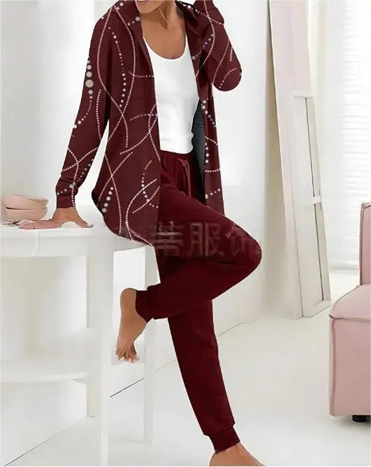👕👖【S-3XL Długie rękawy + Długie spodnie】Swobodny, jesienno-zimowy, dwuczęściowy zestaw z nadrukiem dla kobiet 