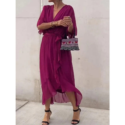 【50%OFF】【S-5XL】Νυχτερίδα μανίκι δαντέλα πολύχρωμο σιφόν φόρεμα
