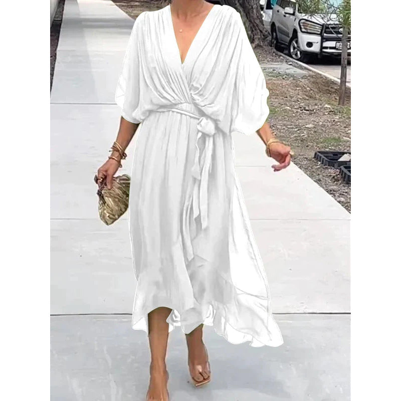 【50%OFF】【S-5XL】Νυχτερίδα μανίκι δαντέλα πολύχρωμο σιφόν φόρεμα