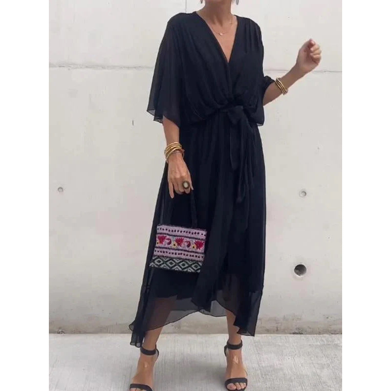 【50%OFF】【S-5XL】Νυχτερίδα μανίκι δαντέλα πολύχρωμο σιφόν φόρεμα