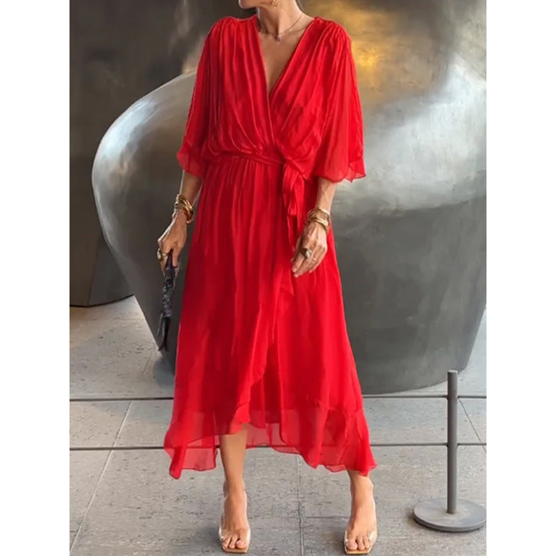 【50%OFF】【S-5XL】Νυχτερίδα μανίκι δαντέλα πολύχρωμο σιφόν φόρεμα