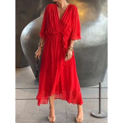 【50%OFF】【S-5XL】Νυχτερίδα μανίκι δαντέλα πολύχρωμο σιφόν φόρεμα