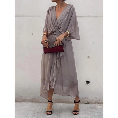 【50%OFF】【S-5XL】Νυχτερίδα μανίκι δαντέλα πολύχρωμο σιφόν φόρεμα