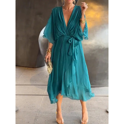 【50%OFF】【S-5XL】Νυχτερίδα μανίκι δαντέλα πολύχρωμο σιφόν φόρεμα