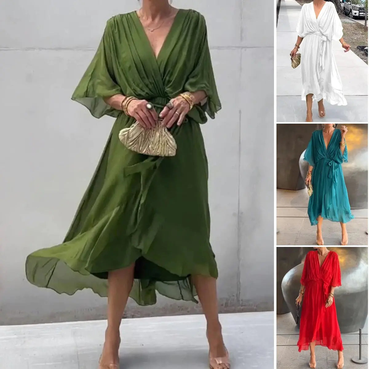 【50%OFF】【S-5XL】Νυχτερίδα μανίκι δαντέλα πολύχρωμο σιφόν φόρεμα