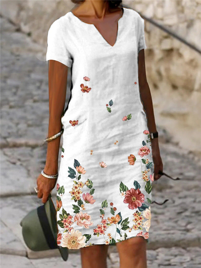 【S-3XL】🌺🦋Rochie cu mânecă scurtă și decolteu în V, cu imprimeu cu flori și fluturi