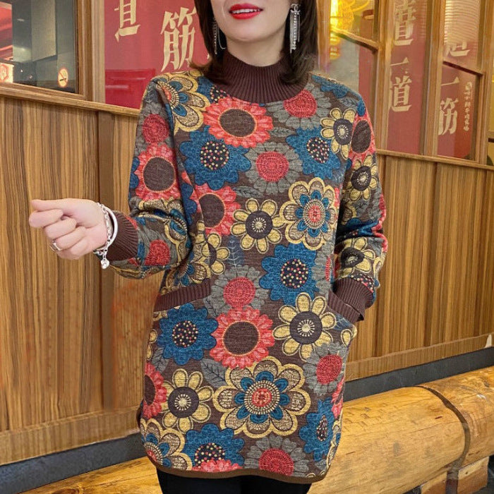 Sweter z okrągłym dekoltem dla mamy, polar retro, jesień i zima, duży rozmiar, koszula w stylu zachodnim z nadrukiem, średniej długości, ciepły 