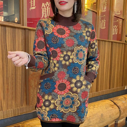 Sweter z okrągłym dekoltem dla mamy, polar retro, jesień i zima, duży rozmiar, koszula w stylu zachodnim z nadrukiem, średniej długości, ciepły 