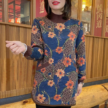 Sweter z okrągłym dekoltem dla mamy, polar retro, jesień i zima, duży rozmiar, koszula w stylu zachodnim z nadrukiem, średniej długości, ciepły 