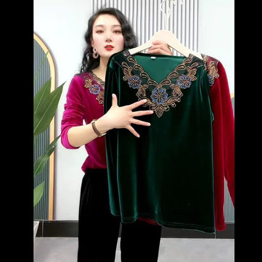 🔥【Kup 1, a 2 dostaniesz gratis】2023 Plus Size V-Neck Rhinestone Floral Velvet Top 