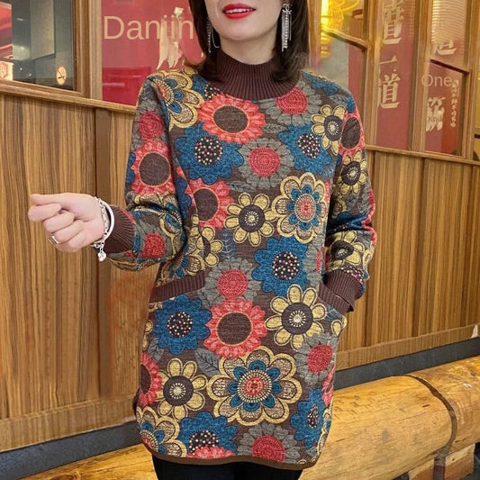 Sweter z okrągłym dekoltem dla mamy, polar retro, jesień i zima, duży rozmiar, koszula w stylu zachodnim z nadrukiem, średniej długości, ciepły 