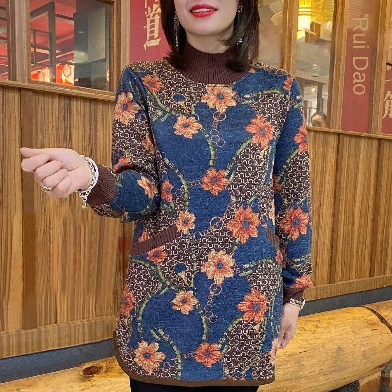 Sweter z okrągłym dekoltem dla mamy, polar retro, jesień i zima, duży rozmiar, koszula w stylu zachodnim z nadrukiem, średniej długości, ciepły 